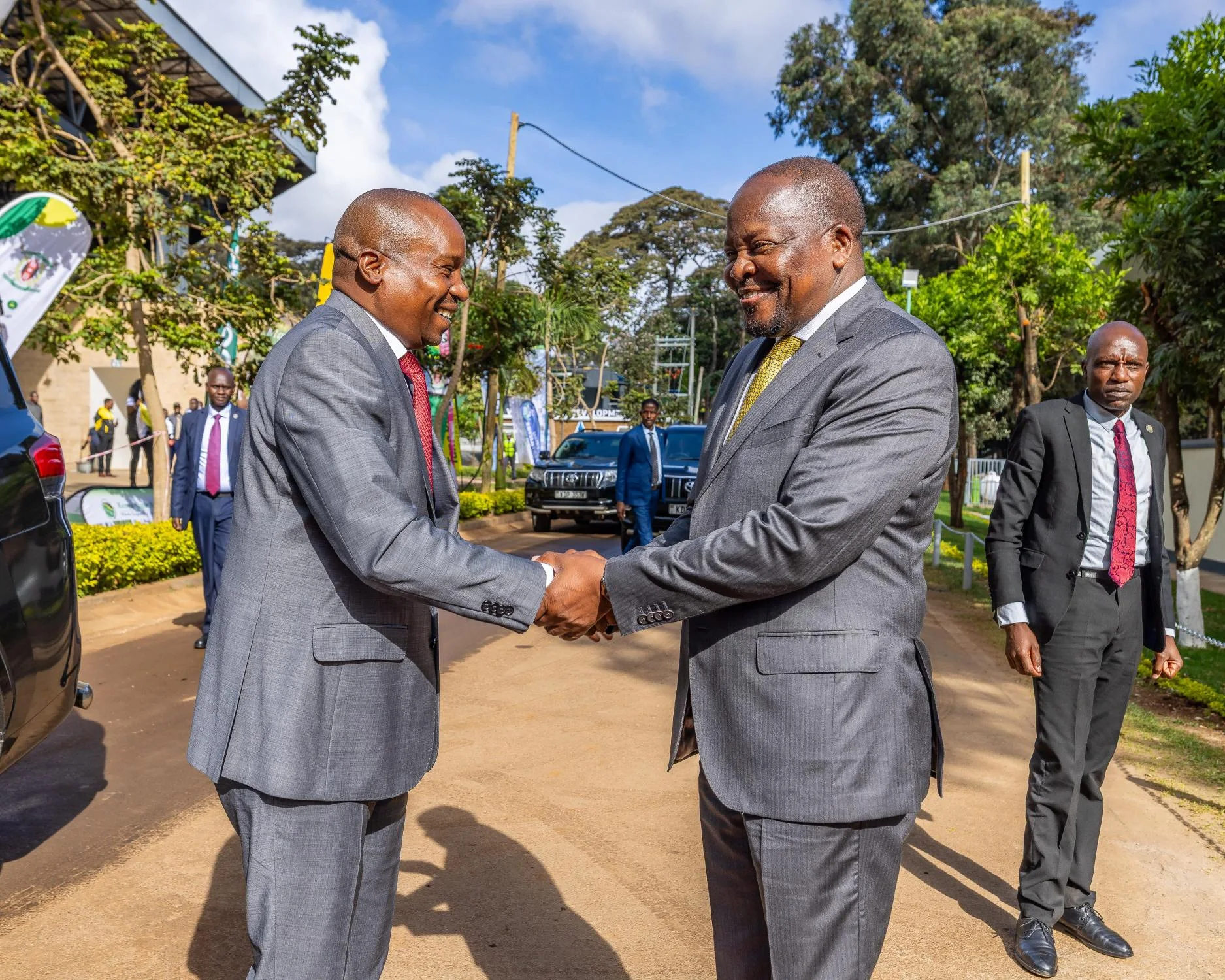 Deputy President Kithure Kindiki(L) shaking hands with Agriculture CS, Mutahi Kagwe during the official opening ceremony of the Agriculture and Food Security Transformation Summit in Nairobi on October 7, 2026.