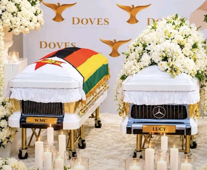 Custom-made casket for the late Zimbabwean businessman Wicknell Chivayo and his wife.