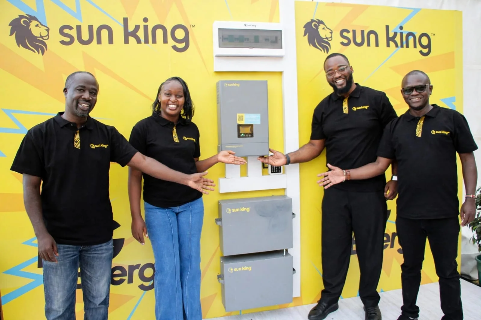 Elisha Adie, Country Business Leader at Sun King Kenya; Veronica Mugwanja, Inverter Business Manager, PayGo Kenya; Atta Arome, Global Solar Inverters Product Manager; and Alovi Andrew, Head of Marketing at Sun King Kenya, display the 5kW PowerHub Pro Solar Inverter during its launch in Kiambu County on October 8, 2026.
