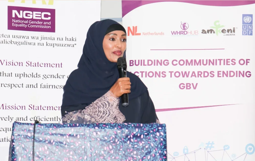 A file photo of National Gender and Equality Commission (NGEC) Chairperson Rehema Jaldesa makes an address on March 7, 2025.