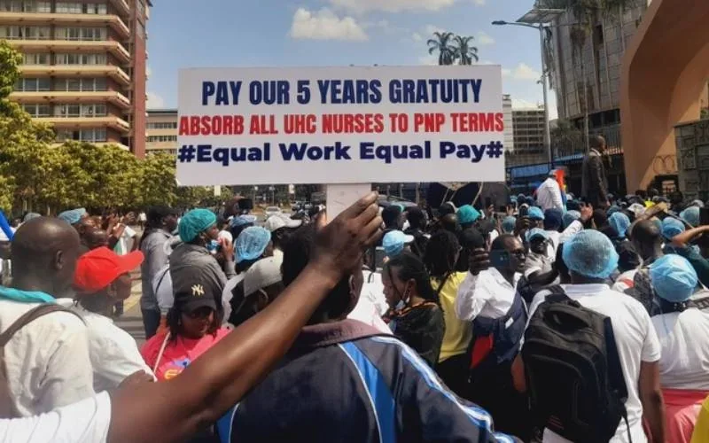Universal Health Coverage workers during a past strike.