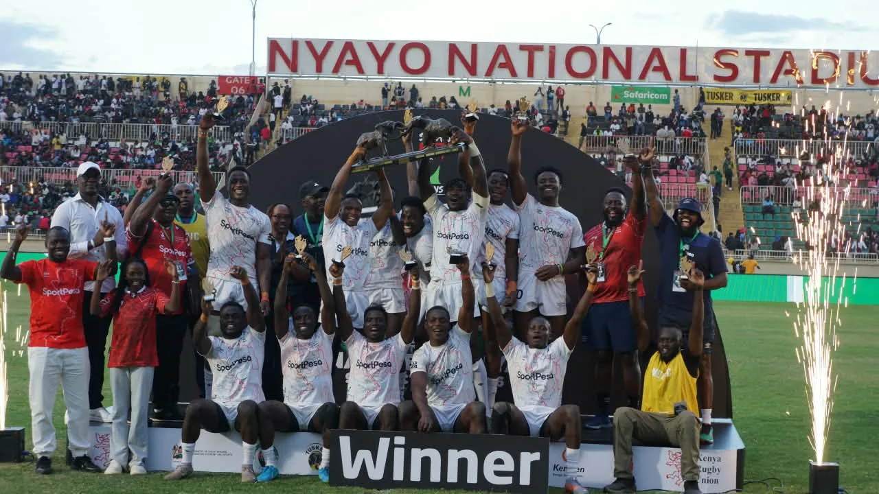 Shujaa lift their trophy on October 11, 2026, after winning their Safari 7s title.