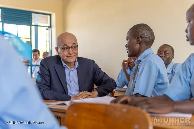 UNHCR's Barham Salih, who has made refugee education a priority, speaks to pupils at a school in Kalobeyei refugee settlement in Kakuma, Kenya, in January 2026.