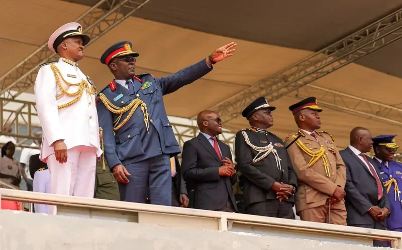 Chief of the Defence Forces General Charles Kahariri (left) during the rehearsals for Mashujaa day at Kipchoge Keino Stadium on October 13, 2026