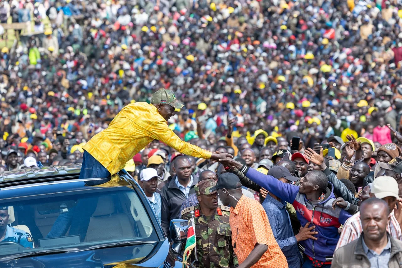President William Ruto interacts with members of the public during an inspection of the Kapsait–Sondany Road and Last Mile Connectivity projects in West Pokot County on October 14, 2026.
