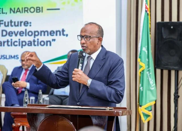 Health Cabinet Secretary Aden Duale speaking on behalf of President Ruto at the National Muslim Leaders Convention 2026 in Nairobi on October 15, 2026