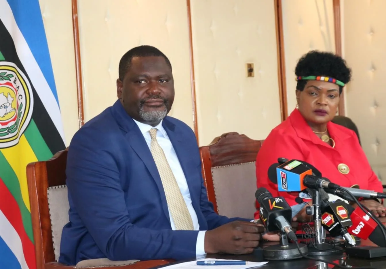Cabinet Secretary for Public Service, Human Capital Development and Special Programmes Geoffrey Ruku, accompanied by PS Jayne Imbunya, during a press brief at Harambee House on October 16, 2026. PHOTO | DAVID BOGONKO NYOKANG'I