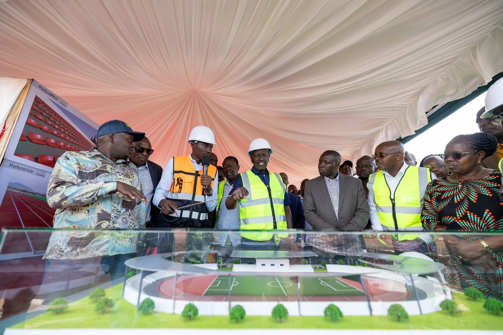 President William Ruto(centre) during his inspection of the construction of the 10,000-seater ultra-modern Kapsabet Stadium in Emgwen Constituency, Nandi County on October 18, 2026.