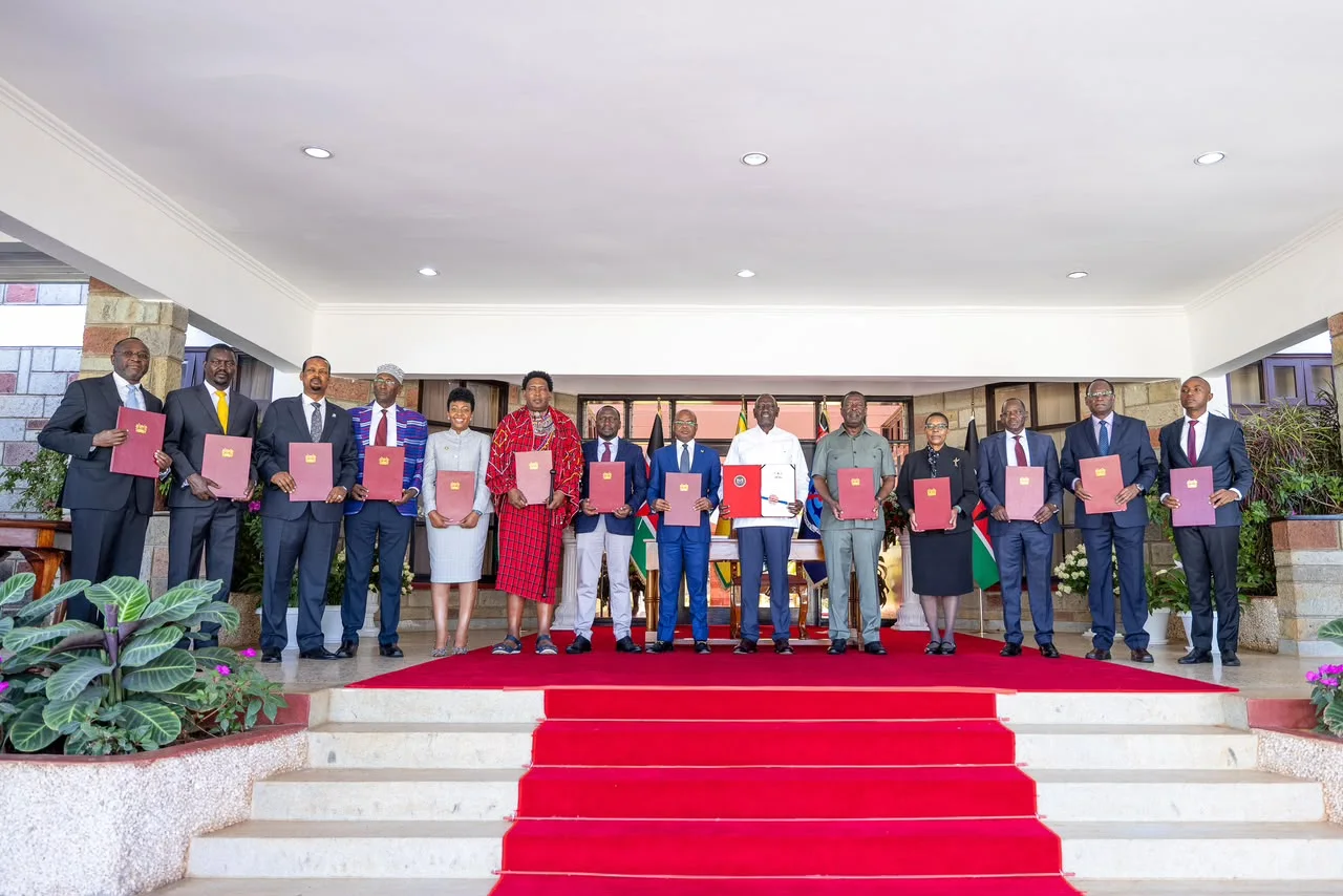 President William Ruto, among other government leaders, assents to the County Assembly Services (Amendment)Bill 2023 and the County Governments Additional Allocations Bill, Senate Bills No. 8 of 2026 at the Eldoret State Lodge, Uasin-Gishu County, 19th October 2026.