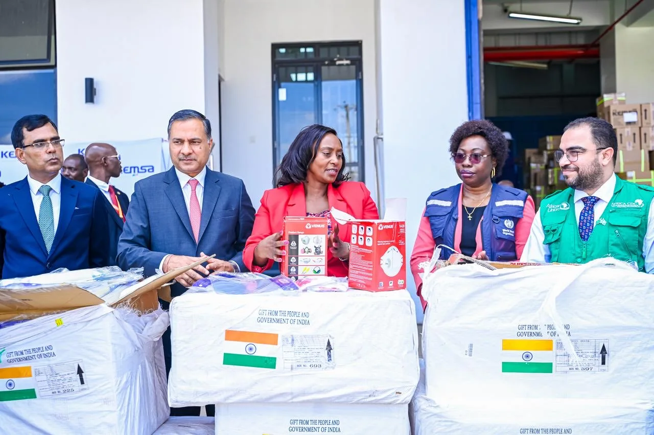 Principal Secretary for Public Health and Professional Standards Mary Muthoni and India’s High Commissioner to Kenya, Dr Adarsh Swaika, inspect Ebola response supplies alongside other health officials at KEMSA Embakasi on October 19, 2026.