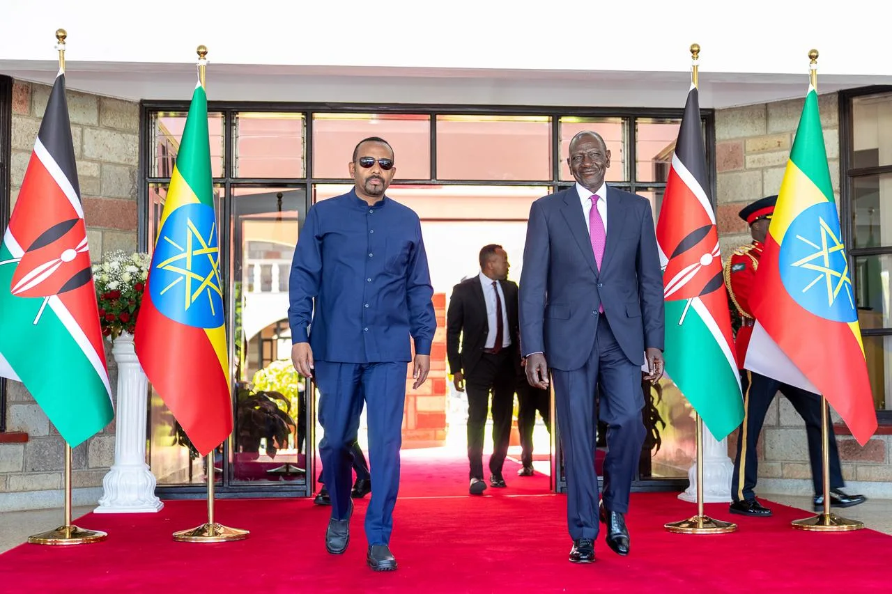 President William Ruto welcomes Ethiopian Prime Minister Abiy Ahmed at State Lodge, Eldoret, ahead of the 63rd Mashujaa Celebrations on October 20, 2026