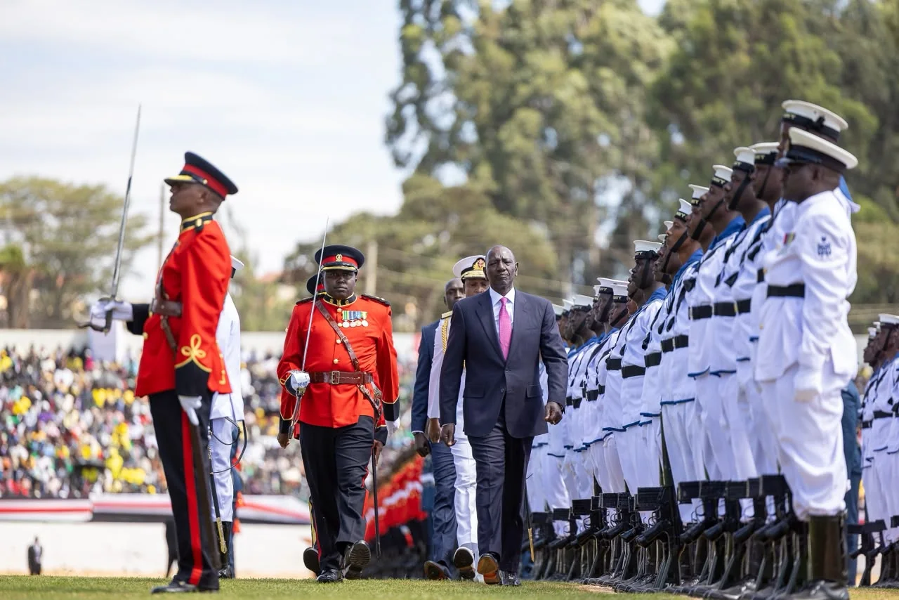 President William Ruto inspects guard of honor during Mashujaa Day 2026 celebrations in Eldoret, Uasin Gishu County on October 20, 2026