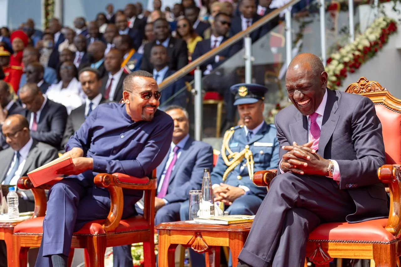 President William Ruto(R) with Ethiopian Prime Minister Abiy Ahmed during Mashujaa Day 2026 celebrations in Eldoret, Uasin Gishu County on October 20, 2026