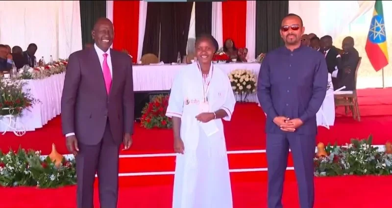 President William Ruto (left) poses for a photo nurse Jacobeth Jeptoo and Ethiopian Prime Minister Abiy Ahmed at Eldoret State lodge on October 20, 2026