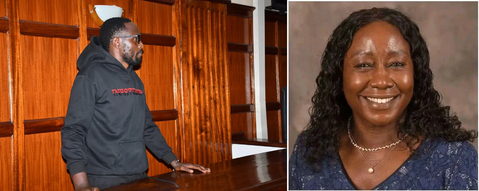 A collage of Police Inspector Kenneth Sang and the late Dr Victoria Nthunya Mutiso